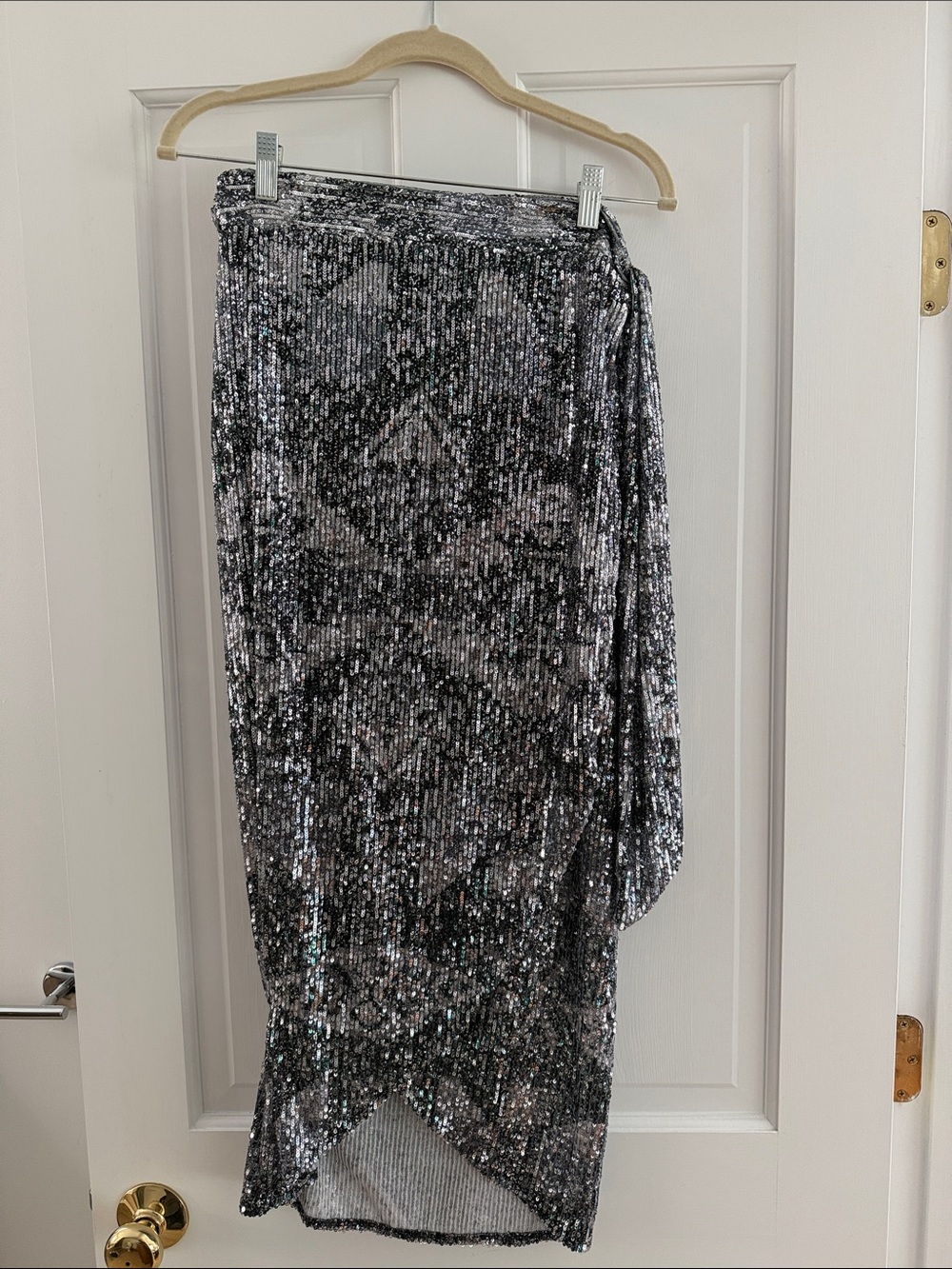 Tasha Polizzi Silver Sequin High-Low Wrap Skirt
